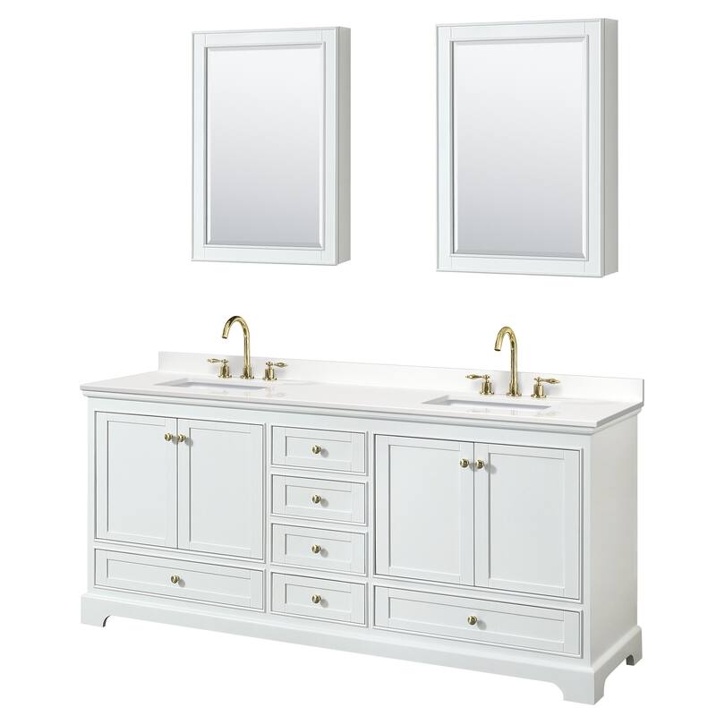 Deborah 80-inch Double Vanity, Quartz Top, Medicine Cabinets - White, Gold Trim, White Quartz Top