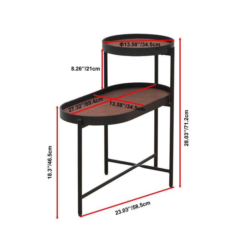 2-Tier Side Table with Black Metal Frame, Wooden Desk End Table, Storage Sofa Table for Living Room