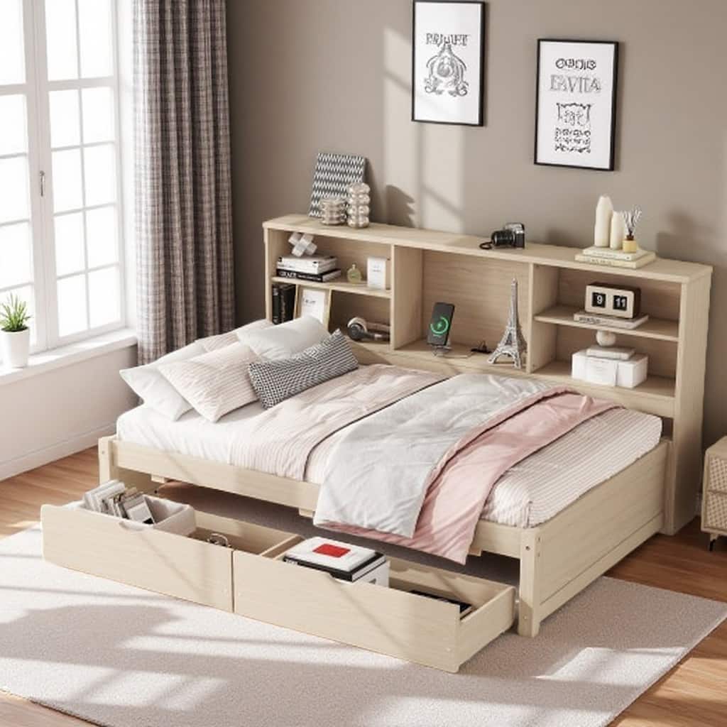 Twin Size Daybed with Built-in Bookcase, Two Storage Drawers, USB Charging Station, Creamy White Wood Frame