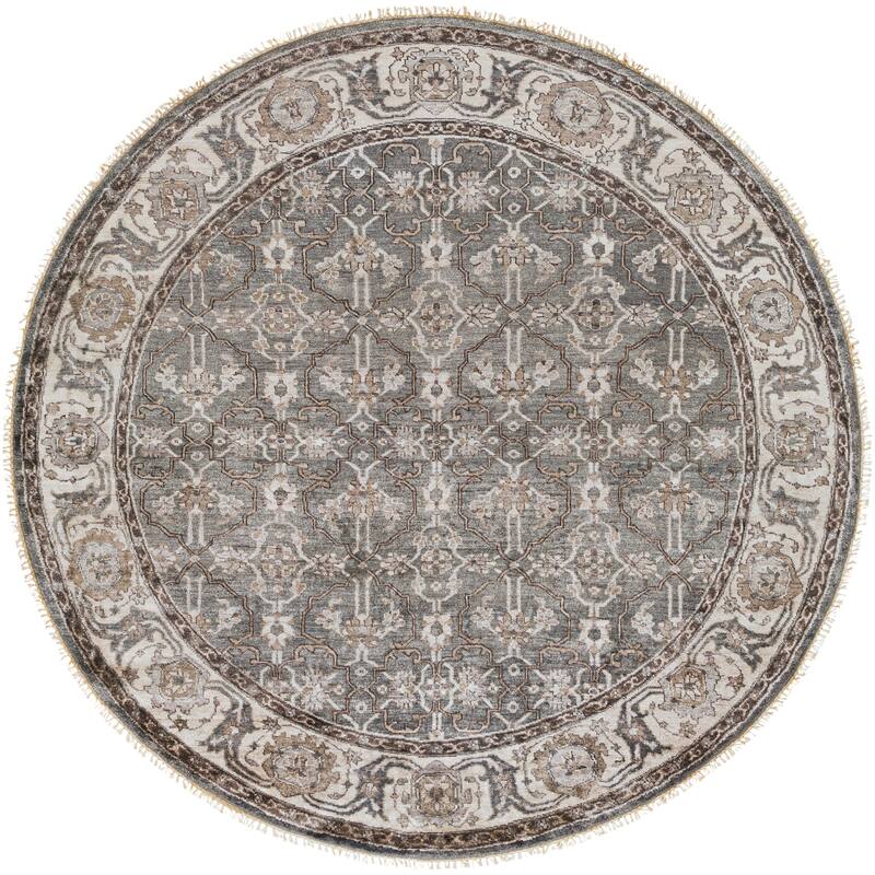 Hand-Knotted Bingham Border Viscose Area Rug - 8' Round - 8' Round - Grey