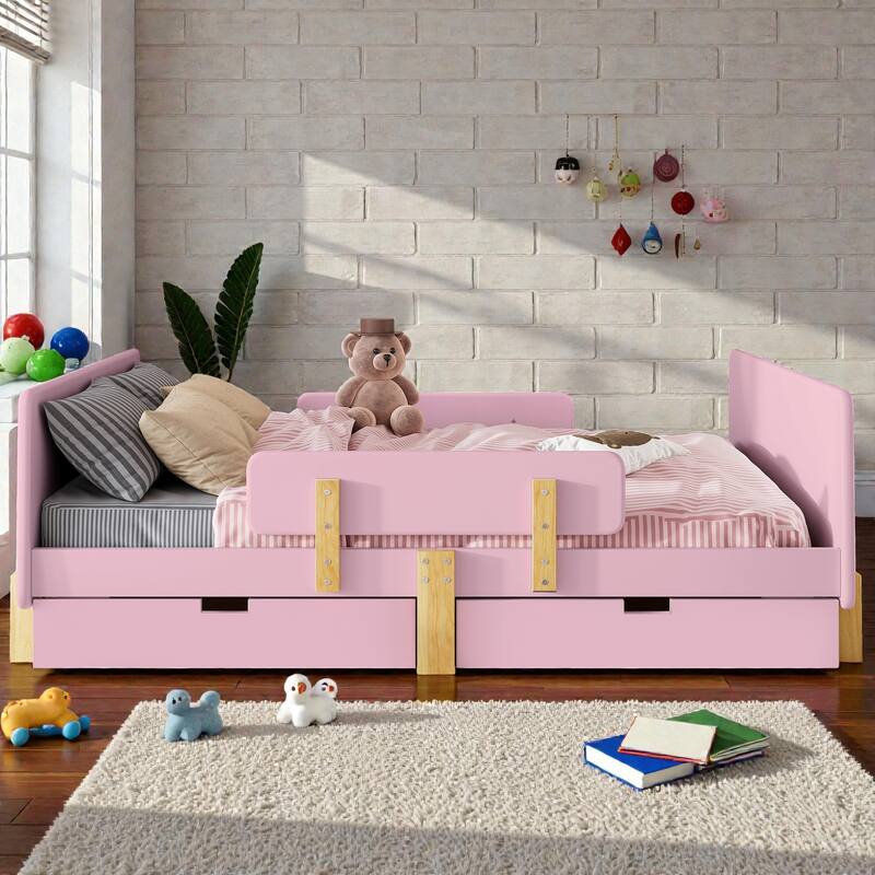 Twin/Full Wood Platform Bed with Storage Drawers, Guardrail, Shelf & Hooks, Solid Wood Frame, No Box Spring Needed