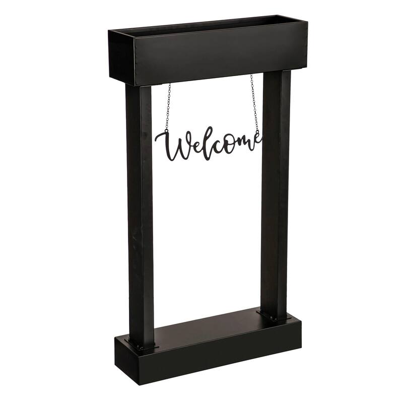 Front door planter with sign, welcome