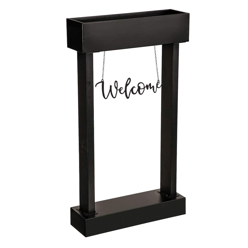 Front door planter with sign, welcome