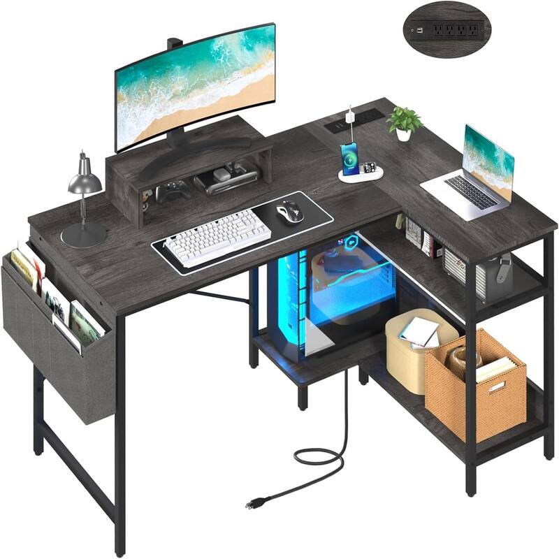 L Shaped Desk 47 Inch Computer Desk with Outlets - Grey
