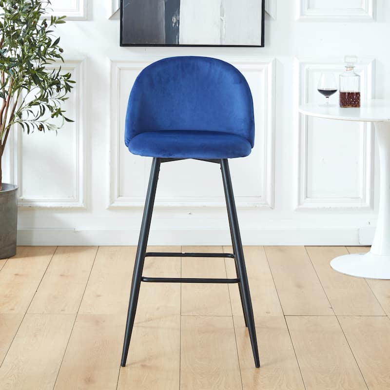 Velvet Bar Stools Set of 2 Counter Height with Back Metal Legs Footrest Kitchen Island - Blue