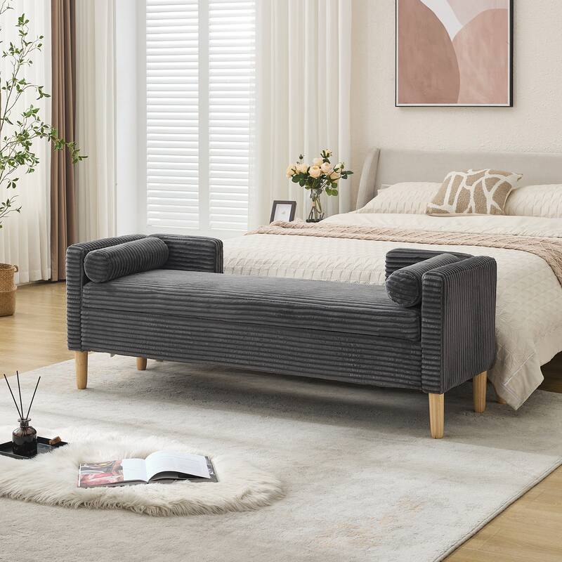 65.35" Corduroy Upholstered Storage Bench with Armrests & 2 Bolster Pillows - Charcoal