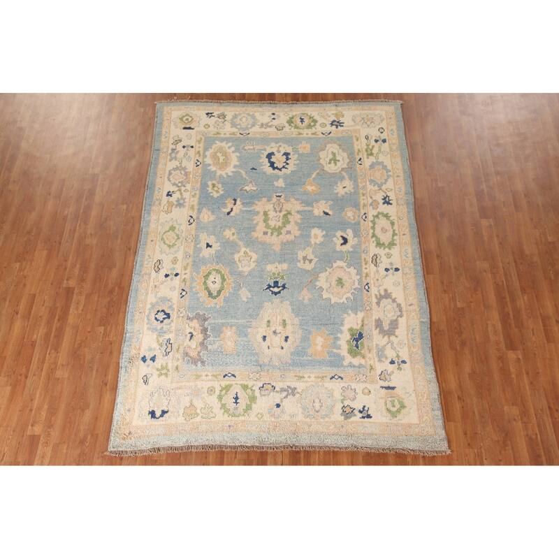 Blue Oushak Turkish Area Rug Hand-knotted Wool Carpet - 6'5"x 9'1"