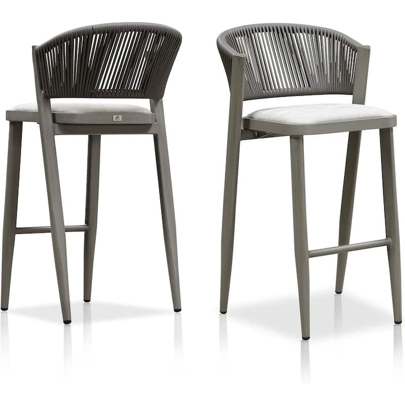 PURPLE LEAF Bar Stool Set of 2 Outdoor Rattan Bar Chair with Back Metal Bar Height Stool Wicker Barstool Dark Grey - N/A - BarHeight-Scallop Cushion