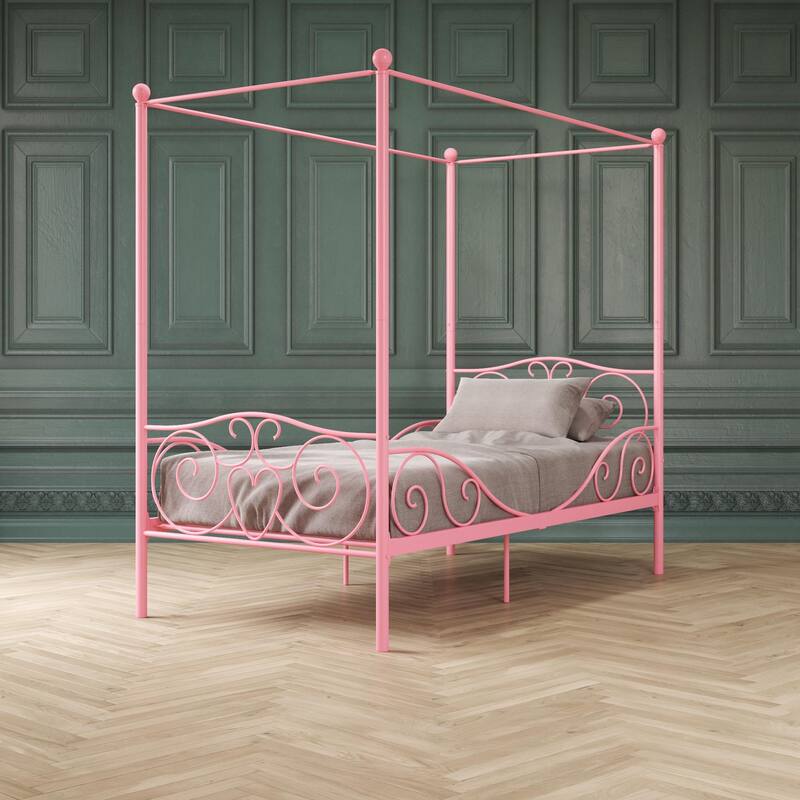 Whimsical Heart-Design Canopy Metal Bed with Slat Support System