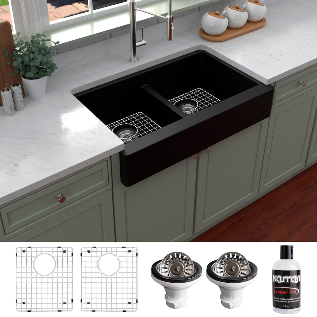 Karran Retrofit Farmhouse Quartz 34 in. Double Bowl 50/50 Sink Kit