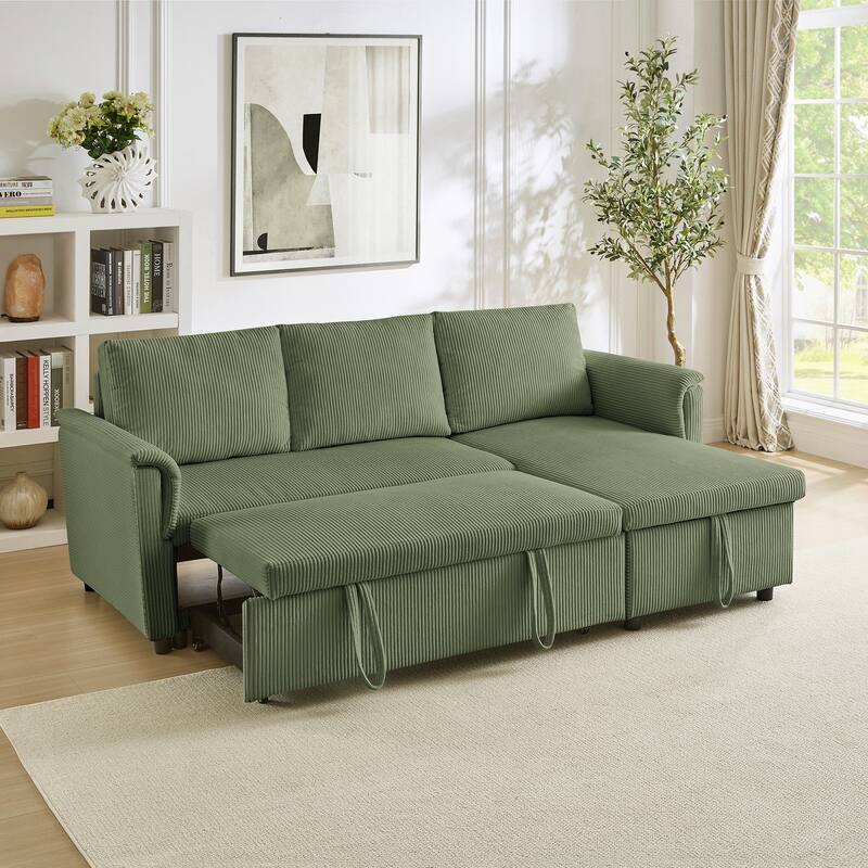 Convertible Corduroy Modular Loveseat Pull-Out Sleeper with Storage Chaise and Reclining Backrest for Living Room