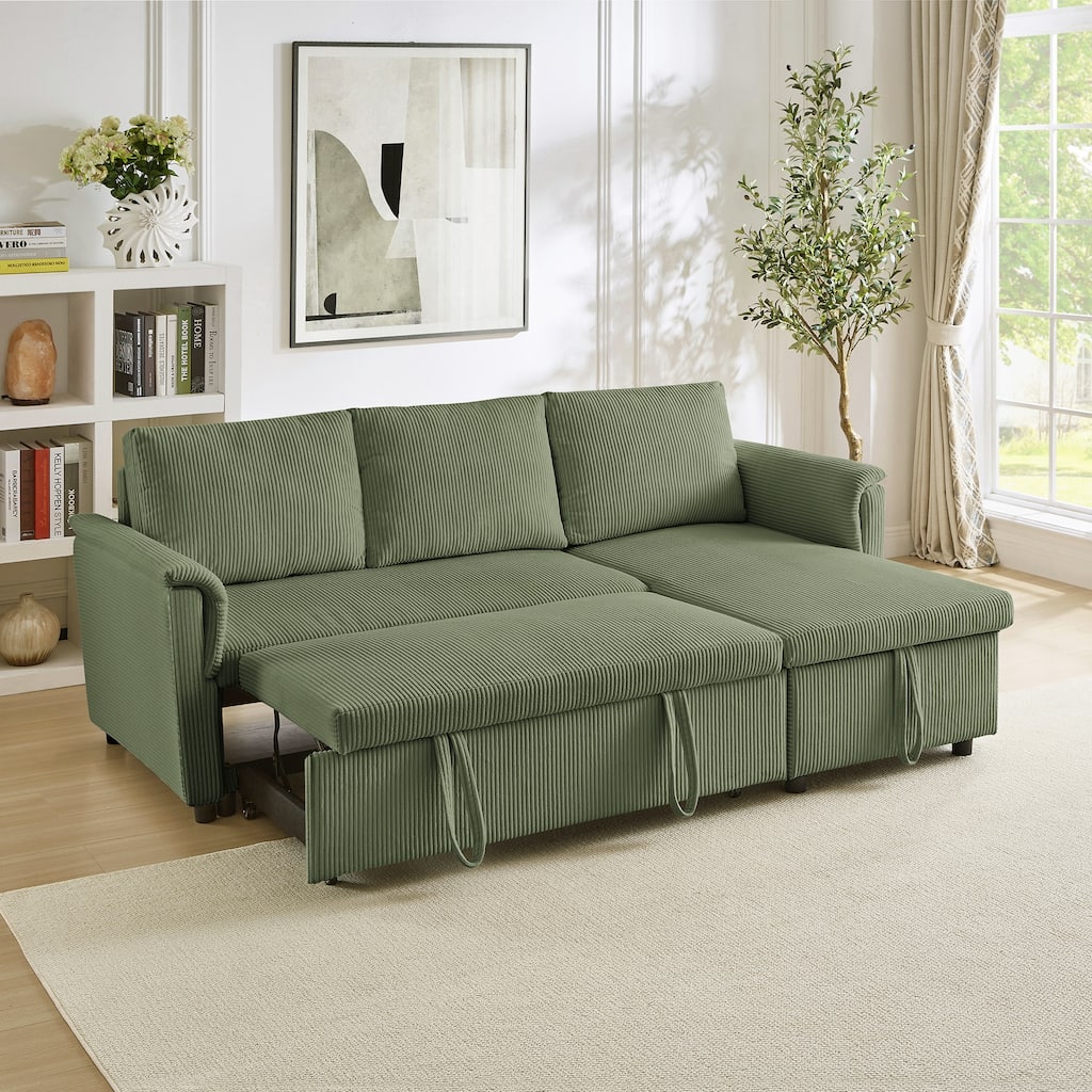 Corduroy L-Shape Sofa Convertible Sofa with Pull Out Sleep Bed