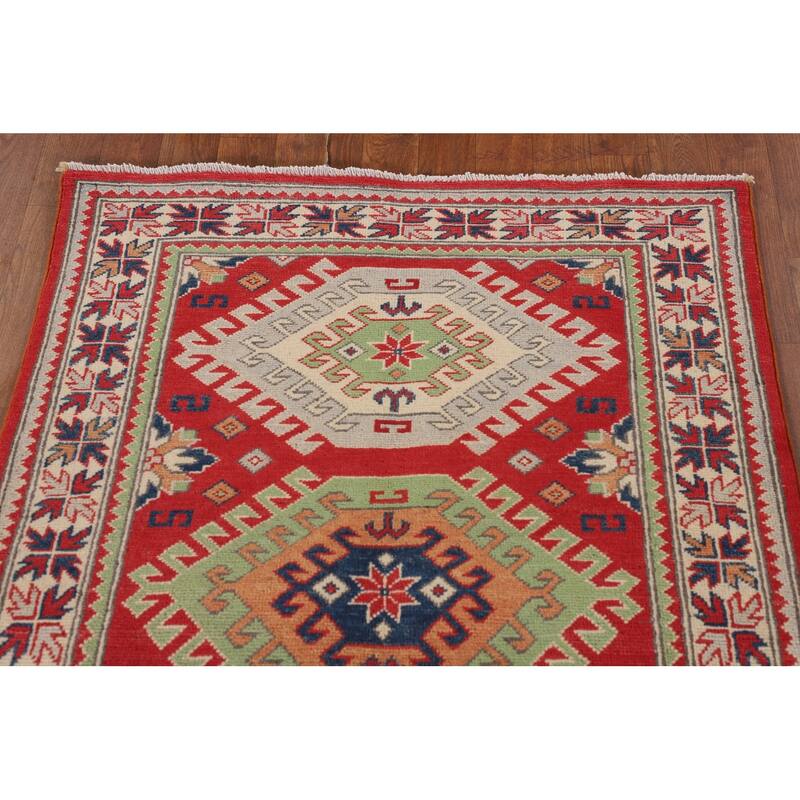 Geometric Kazak Rug Handmade Wool Carpet - 3'2"x 5'0"