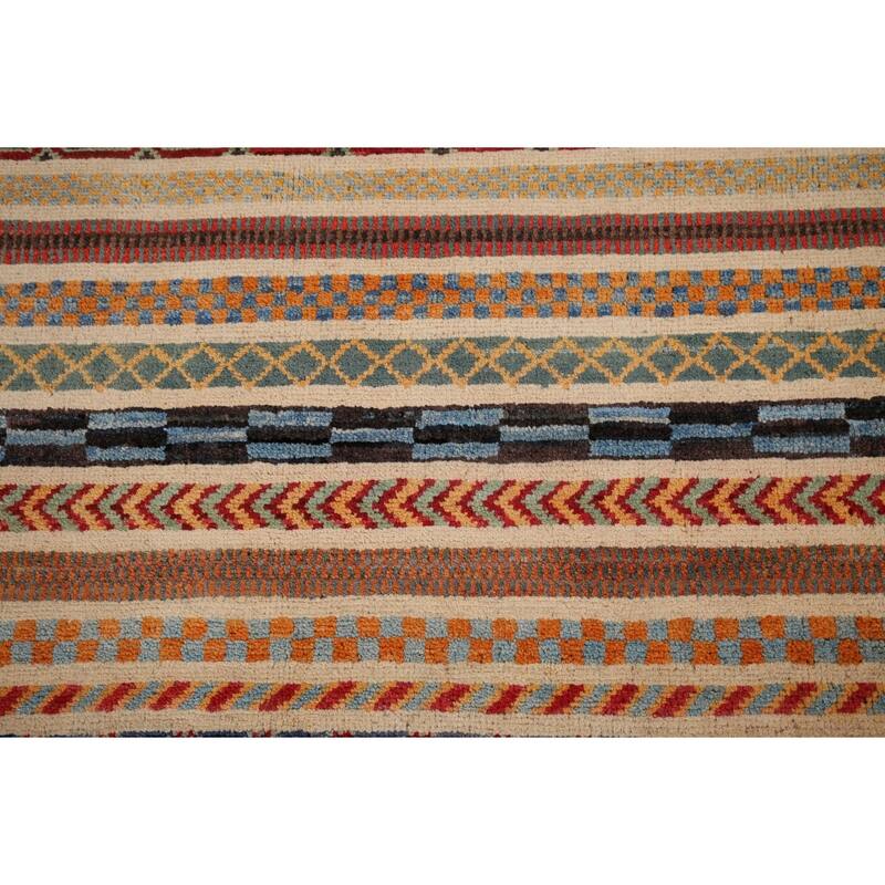 All-Over Striped Kazak Oriental Area Rug Hand-Knotted Wool Carpet - 3'11" x 5'11"
