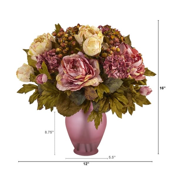 16" Peony Artificial Arrangement in Rose Colored Vase