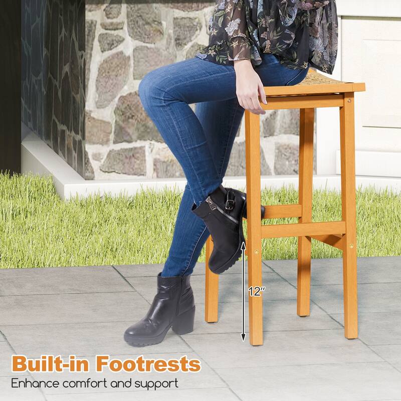 Gymax Outdoor Acacia Wood Bar Stools Set of 4 w/ PE Rattan Seats &