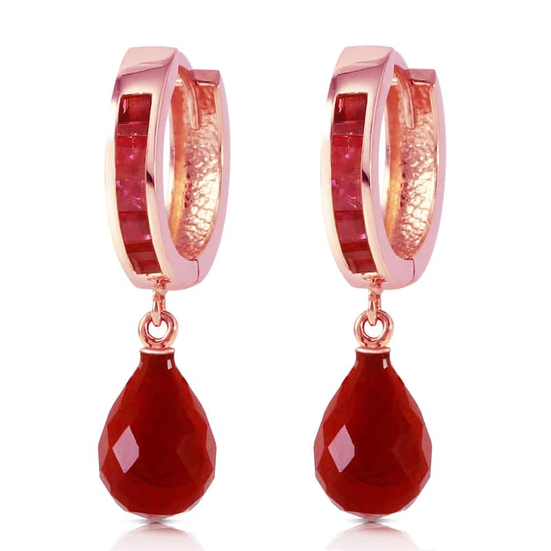 14K Solid Gold Hoop Elegant Dangling Ruby Gemstone Women's Earrings - Rose