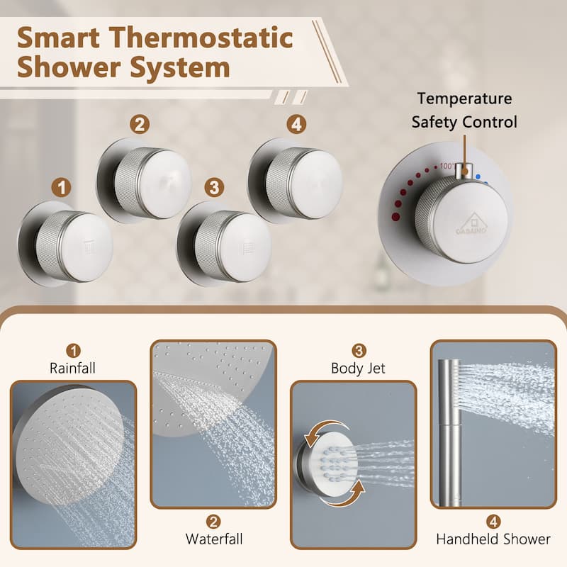 CASAINC Thermostatic 4 Functions 12 inch Rainfall Showerhead with Handheld Spray & 6 Body Jets Set Rain Shower System