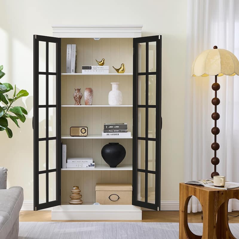 Farmhouse Glass Curio Cabinet - 71" Tall with Adjustable Shelves - White+Black