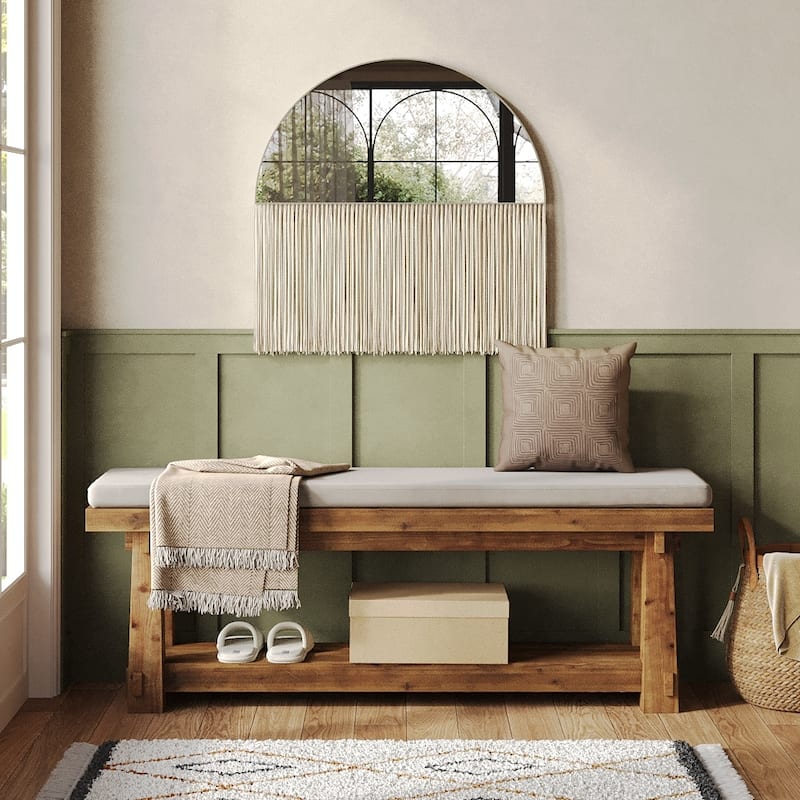 55" Solid Wood Entryway Bench with Shoe Storage, Charred Wood Grain