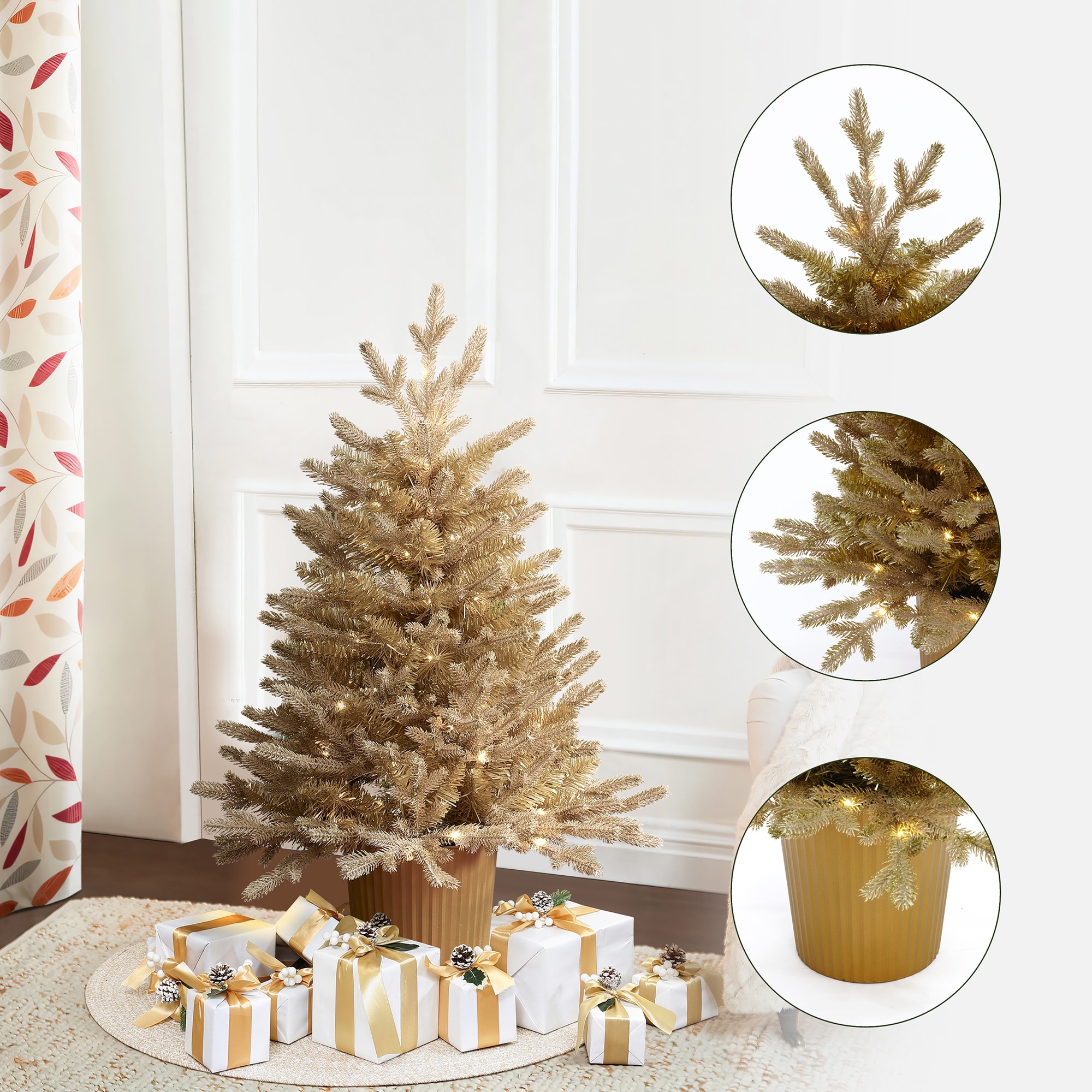 3Ft Gold Branches Artificial Christmas Tree with Battery-Op Lights & Gold Pot - 36" H x 24" Diameter