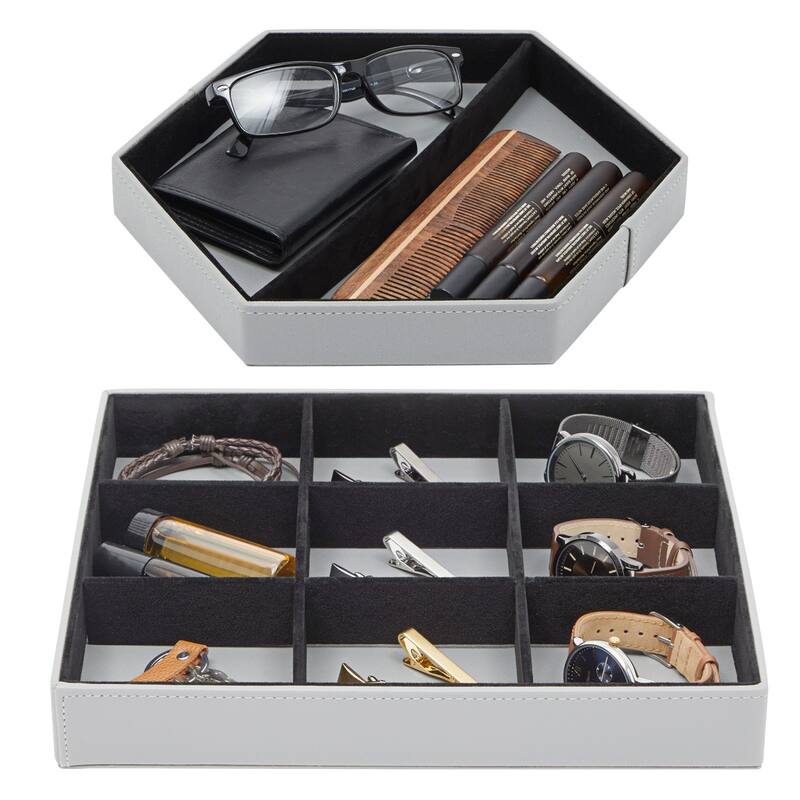 Set of 2 Faux Leather Valet Tray for Men, Customizable Catch All Trays