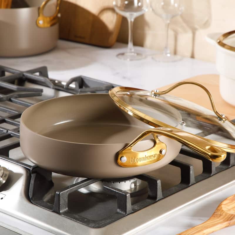 Bloomhouse Pots and Pans Heavy Duty Aluminum Premium PFA Free Ceramic Nonstick - Cappucino Cream with Gold Handle