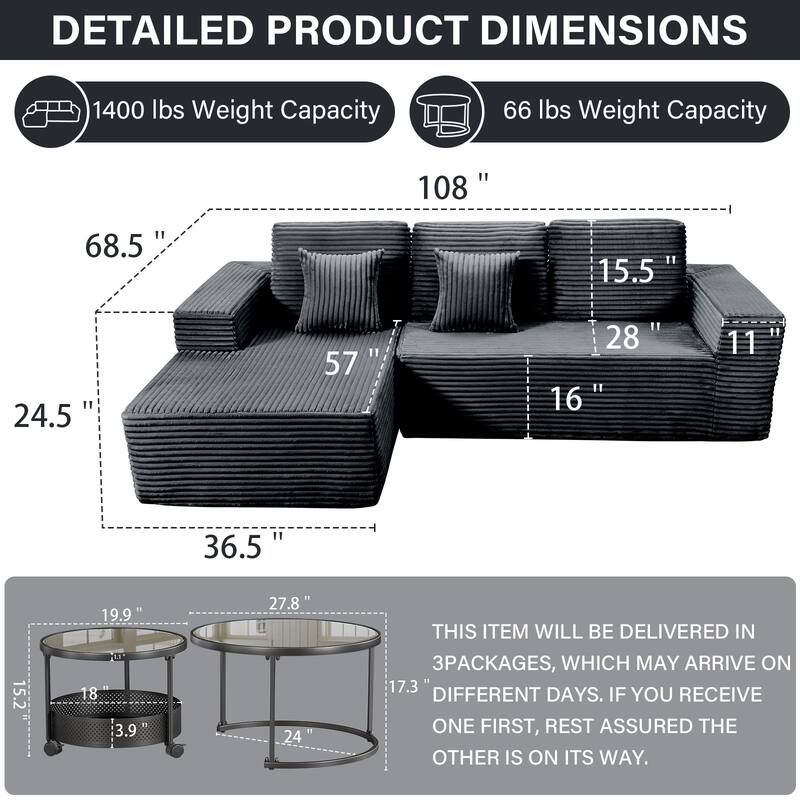 Meyreso No Assembly Required Long Plush L-Shaped Sectional Sofa with Round Nesting Coffee Tables