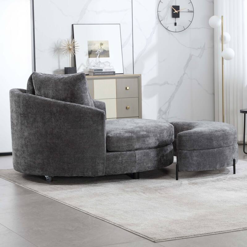59.8''W Oversized Sofa Chair Set, Round Accent Barrel Chair With 5 Pillows and 1 Storage Ottoman