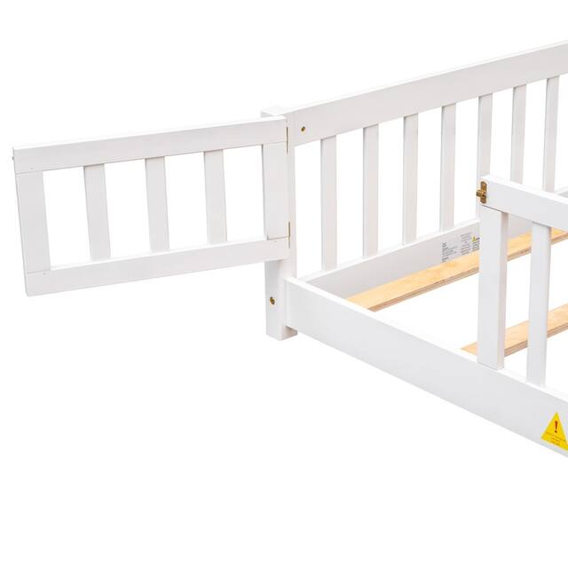 Twin/Full/Queen size Floor Platform Bed with Fence and Door for Kids, Toddlers