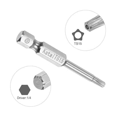 T15 Magnetic Security Star 5 Point Torx Screwdriver Bit 1/4" Hex Shank 2" Length - Silver Tone - TS15