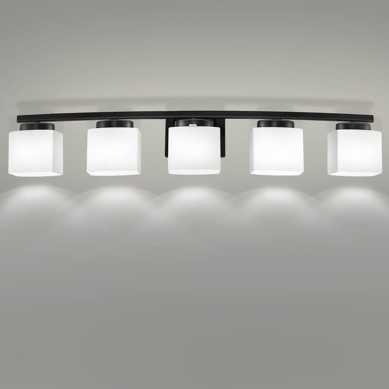 YANSUN 41.3 in. 5-Light Matte Black Industrial Vintage Vanity Light Fixtures for Bathroom with White Glass Shades - 41.3*7.5*6.5