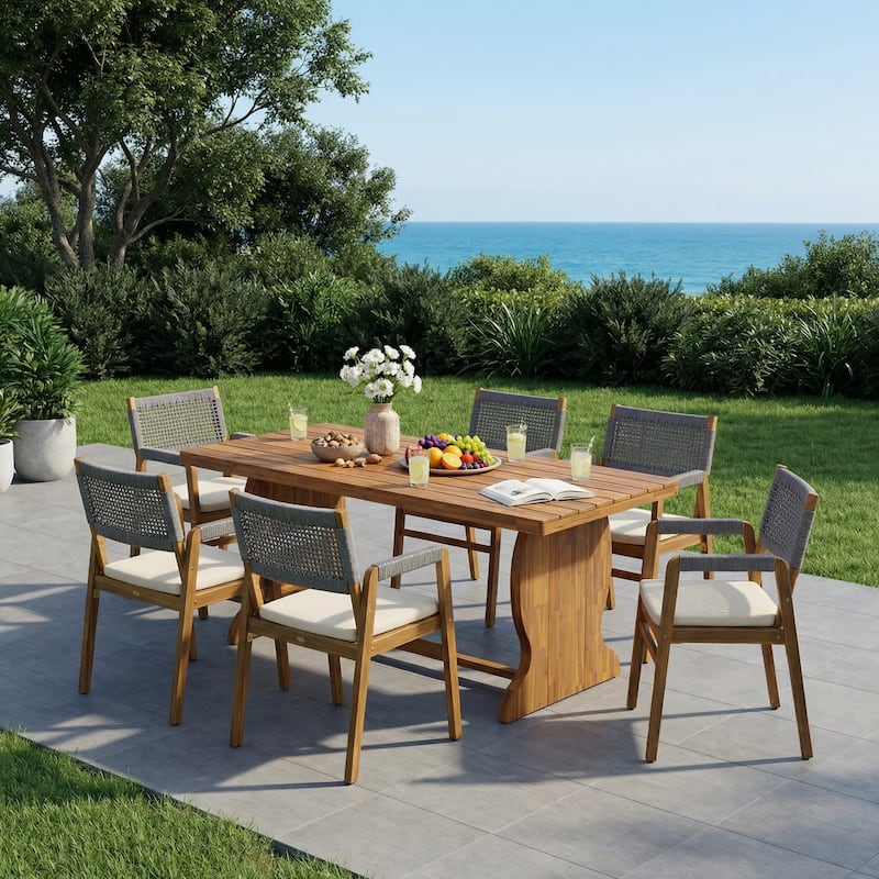 Christopher Knight Home - Arden Rustic 7-Piece Acacia Wood Outdoor Dining Table Set with Rope Woven Dining Chairs and Cushions - Grey Rope