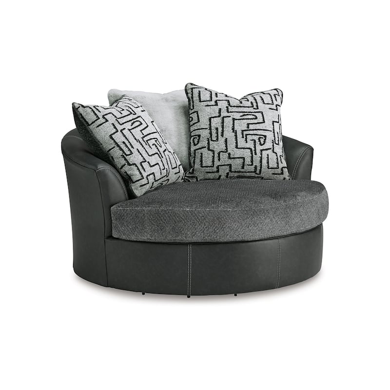 Burt Swivel Oversize Accent Chair w Pillows, Gray Fabric, Faux Leather