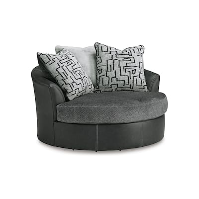 Burt Swivel Oversize Accent Chair w Pillows, Gray Fabric, Faux Leather