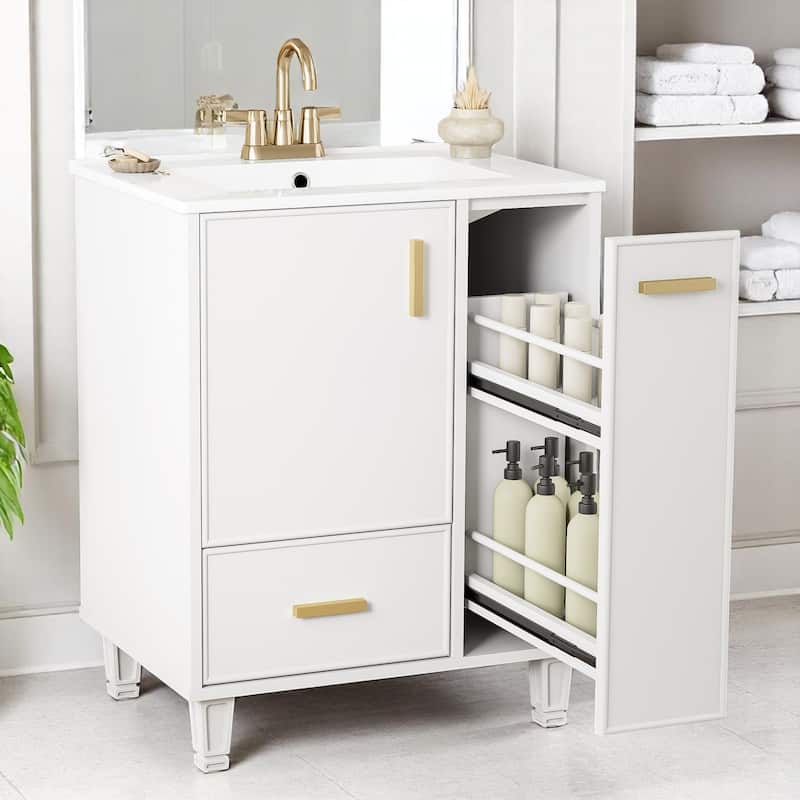 24" Freestanding Bathroom Vanity with Ceramic Sink, Door Shelf, Drawer, Pull-Out Basket, MDF and Wood Base - White