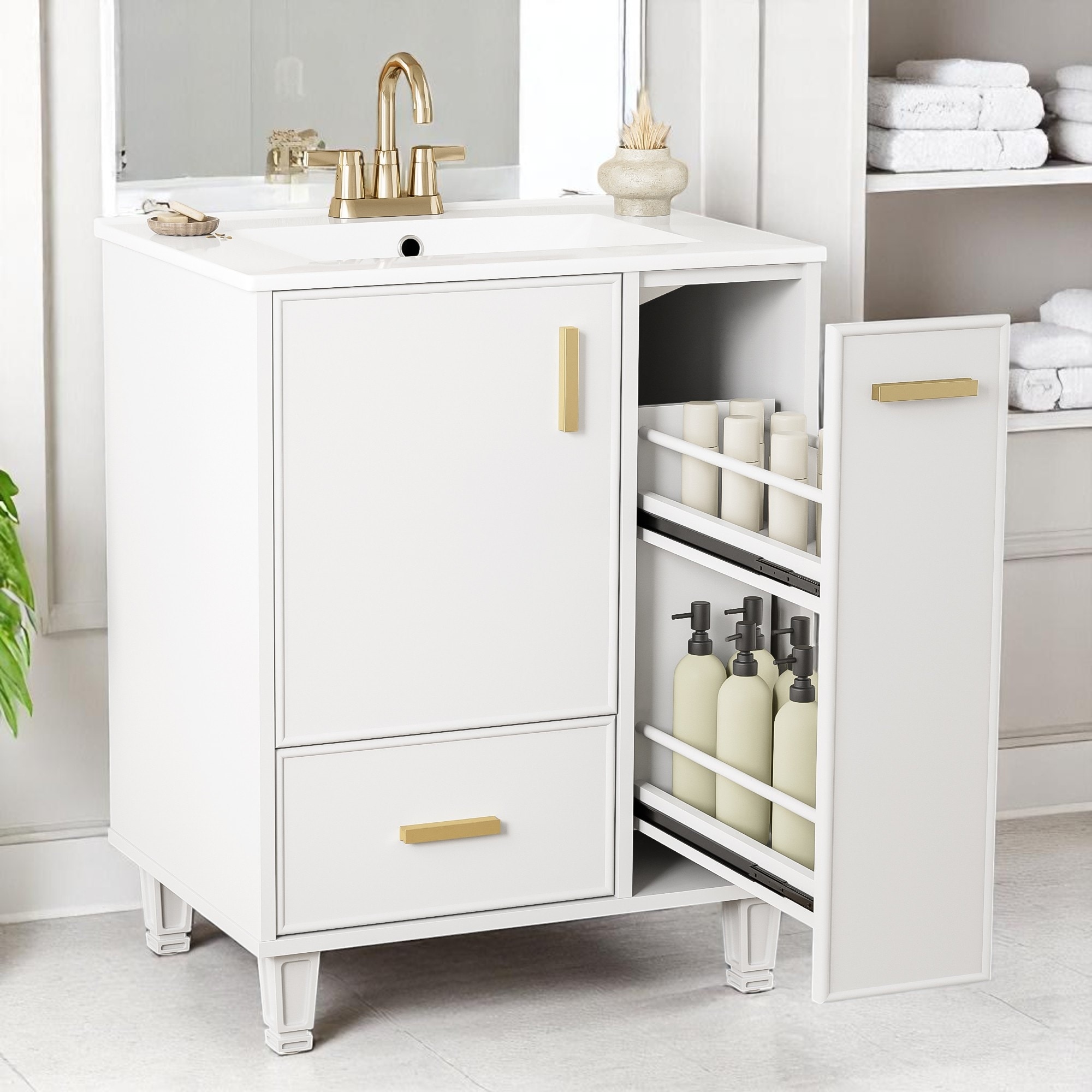 24" Freestanding Bathroom Vanity with Ceramic Sink, Door Shelf, Drawer, Pull-Out Basket, MDF and Wood Base