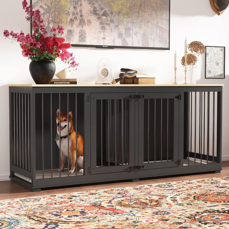 Large Dog Crate Furniture, 70.9"L Wooden Dog Crate Kennel with Divider