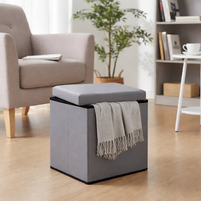 2-in-1 Foldable Faux Leather Pouffe Storage Cube and Ottoman
