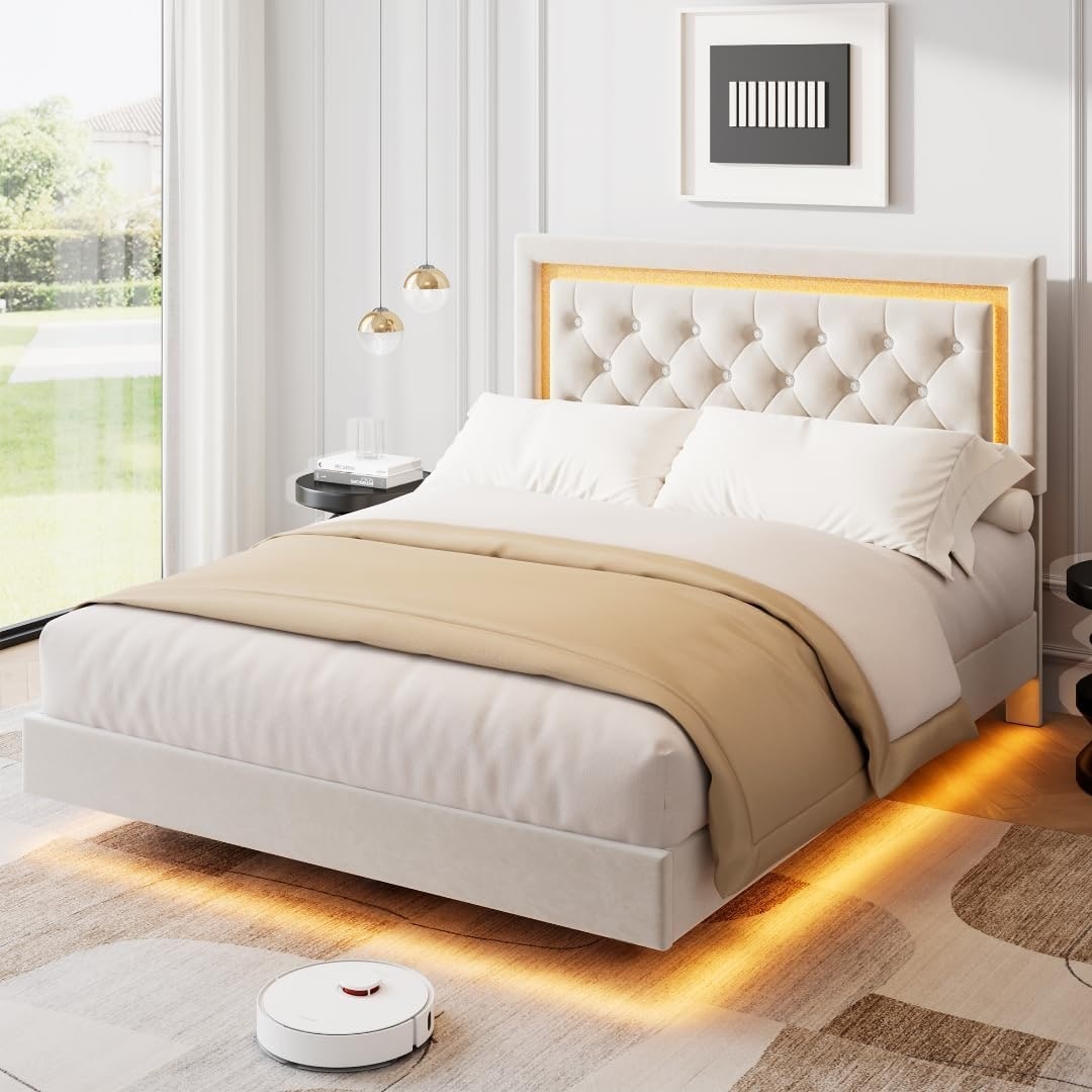 Floating Bed Frame with Led Lights, Upholstered King Platform Bed with Diamond Headboard