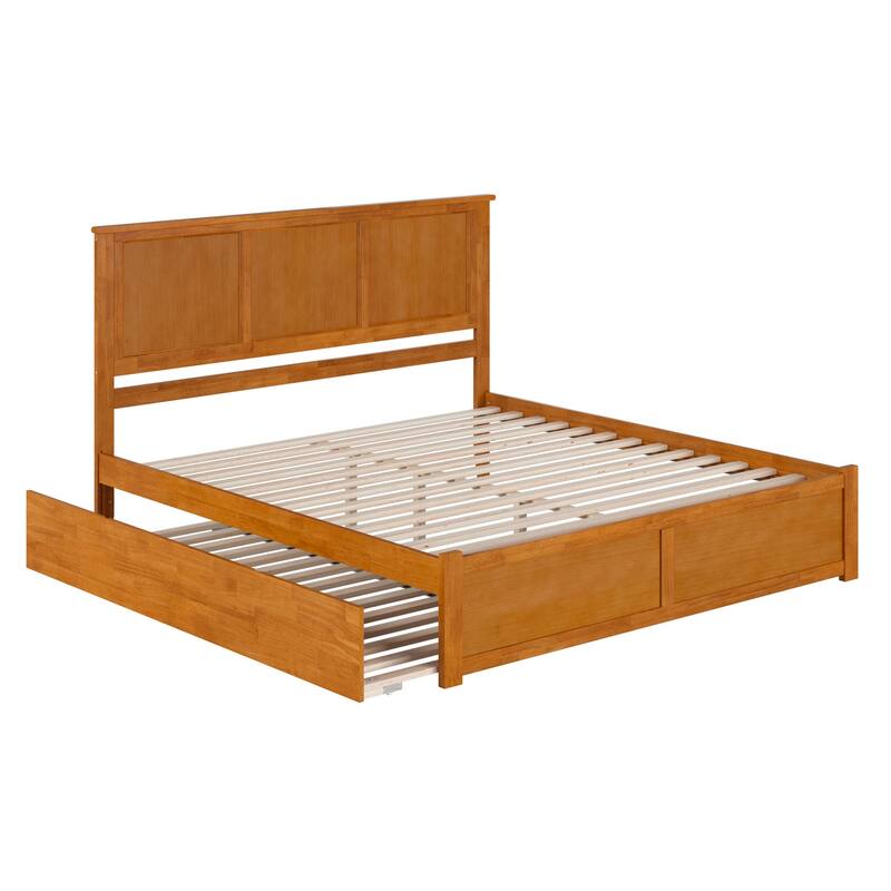 King Size Wood Platform Bed with Trundle - Solid Wood Bed Frame, Footboard, Twin XL Pull Out