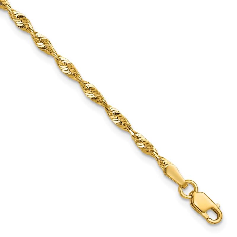 Curata 10k Yellow Gold 2.55mm Sparkle Cut Extra Lite Rope Chain Bracelet