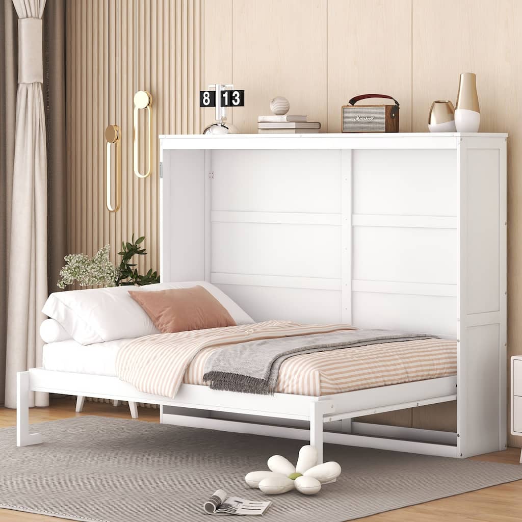 Space-Saving Full Size Wall Bed with Flexible Slats, White/Gray