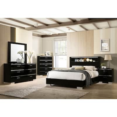 Lofa Contemporary Black Wood Storage Panel Bedroom Set with LED and USB Ports by Furniture of America