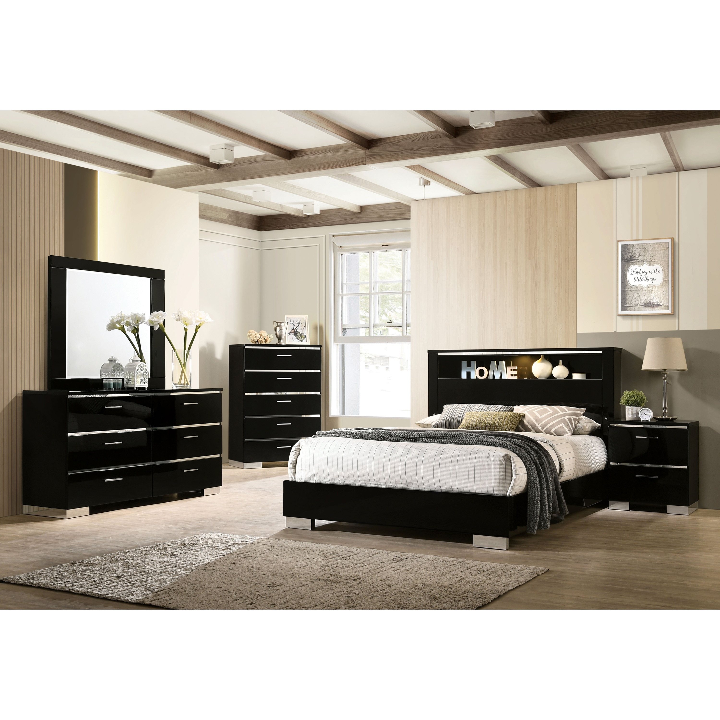 Furniture of America Lofa Contemporary Black Wood Storage Panel Bedroom Set with LED and USB Ports