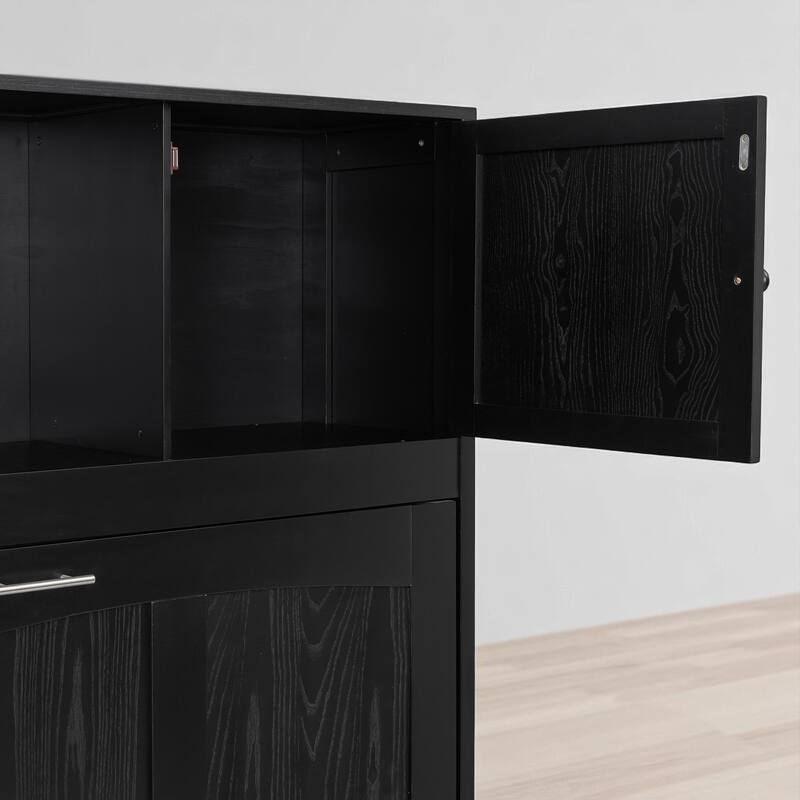 Full Size Foldable Murphy Bed in Black with Storage Cabinet Shelves and Hidden Doors, No Box Spring Needed