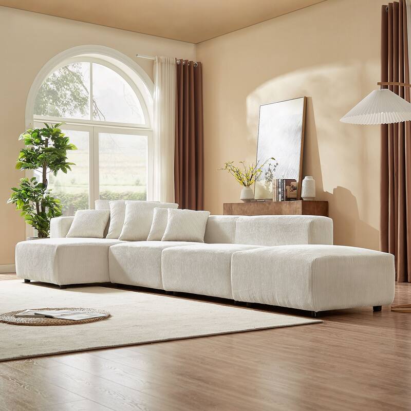 Modular Soft Corduroy Sectional Sofa 4-Piece Set with Small L-Shaped Chaise and Ottoman & 4 Throw Pillows
