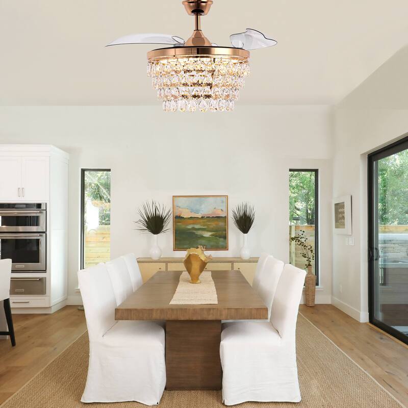 Bella Depot 42" Retractable Crystal Ceiling Fan with Light and Remote 6-Speed Reversible Fan