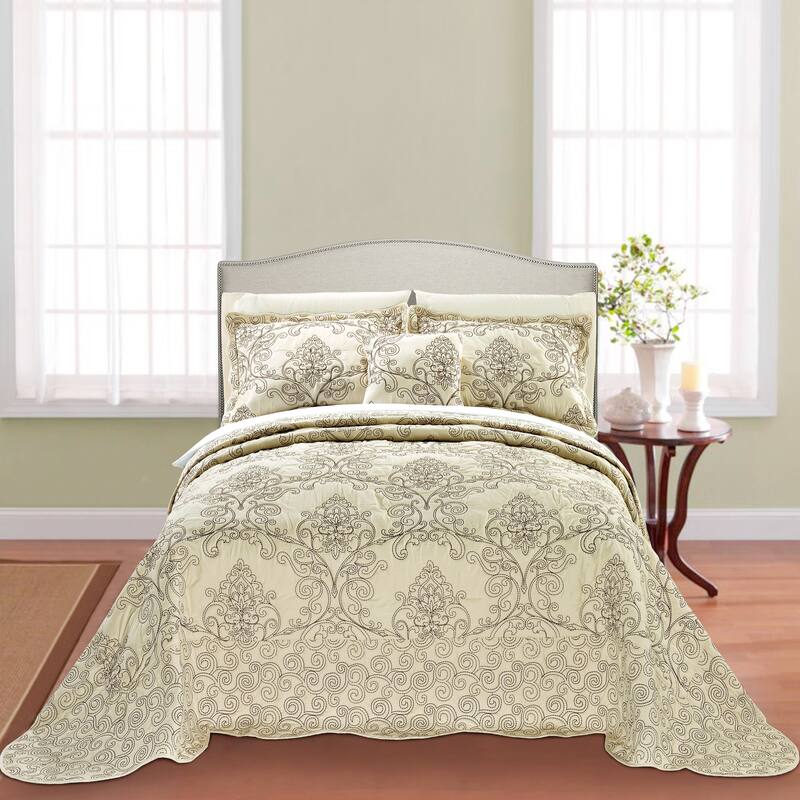 4 Piece Damask Embroidery Coverlet Set Soft Microfiber Bedding