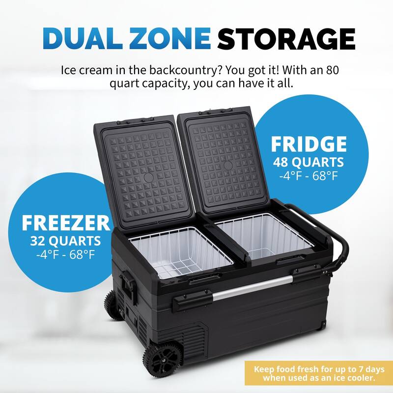 NewAir Portable 80 Qt. Electric Car Camping Cooler with Dual Zone Fridge and Freezer Storage